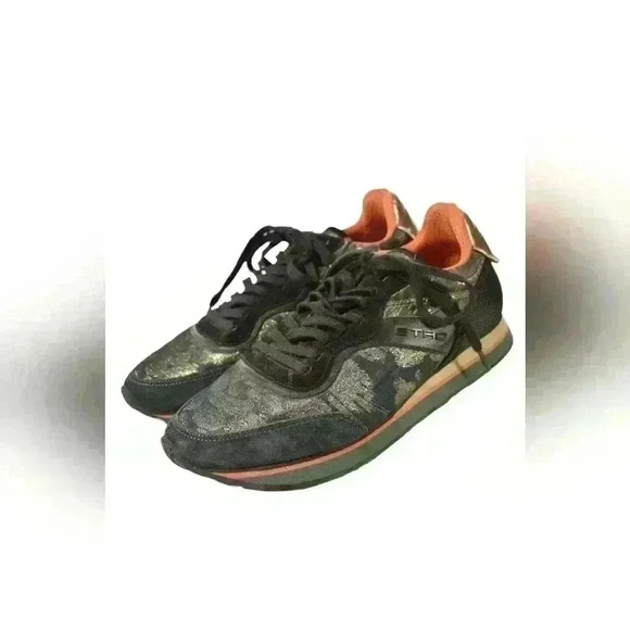 ETRO Green Gold Cheetah Metallic Suede Nylon Sneakers Leopard Print 8US  Italy - Picture 3 of 10